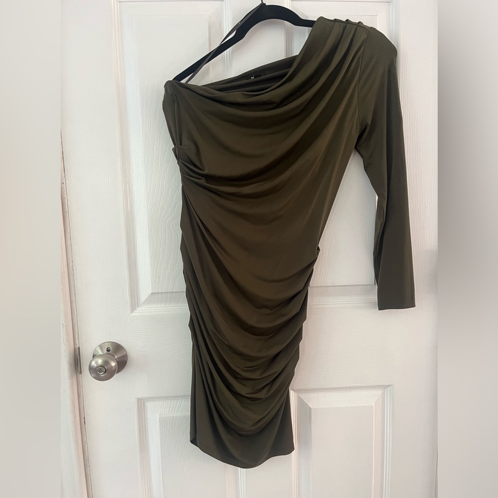 Express Black Asymmetrical Ruched Long Sleeve Dress